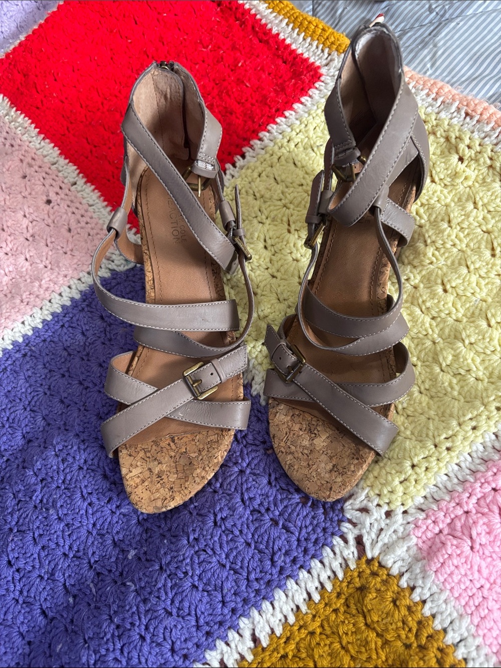 Kenneth Cole Taupe Strappy Cork Wedge Sandals